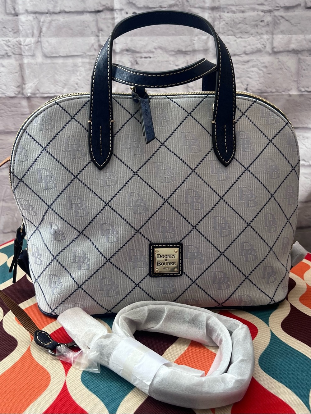 Dooney & Bourke White and Navy Logo Satchel
